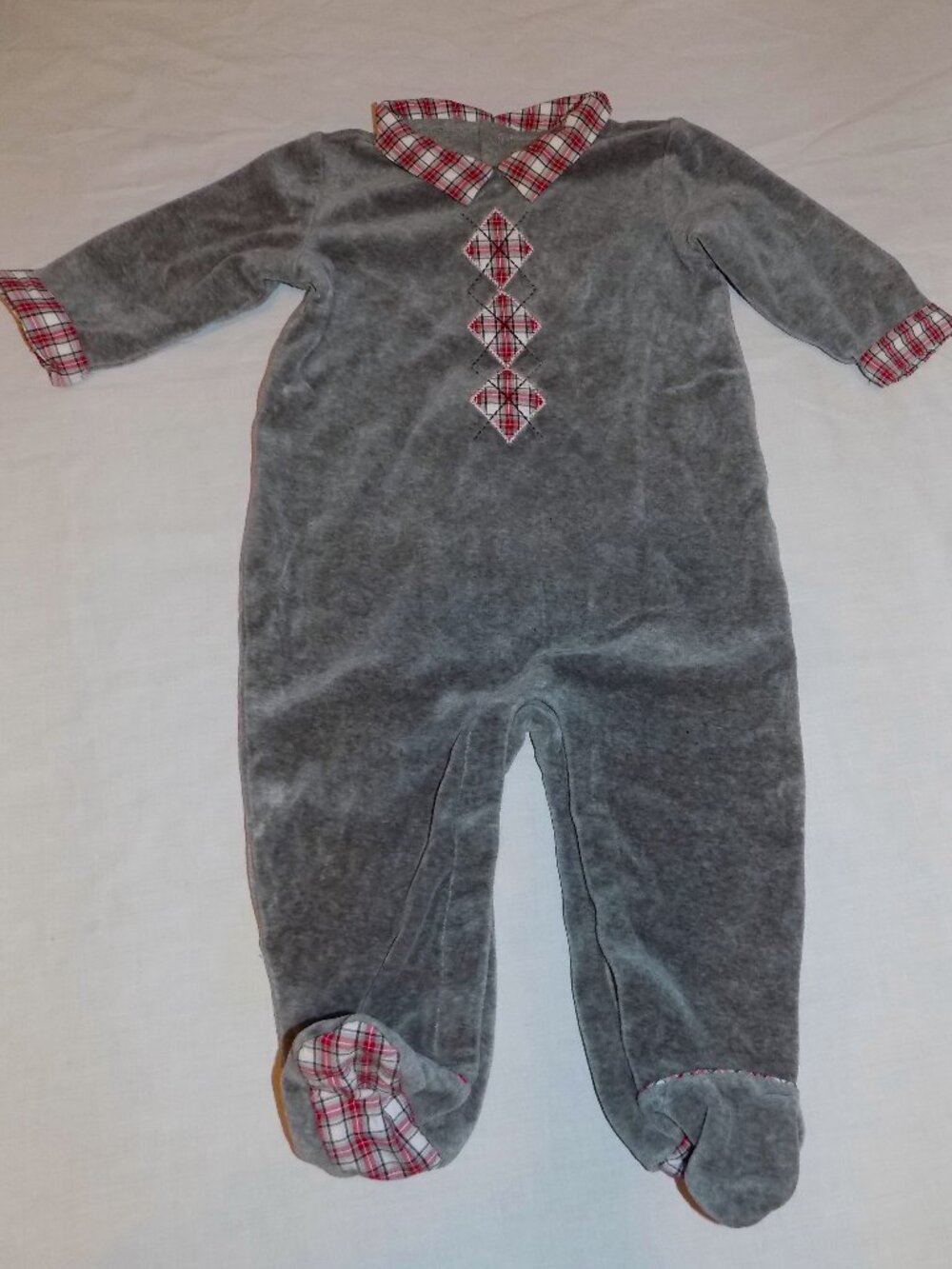 JANIE & JACK Gray Velour Holiday Argyle Romper Sz 6-9M Plaid One Piece